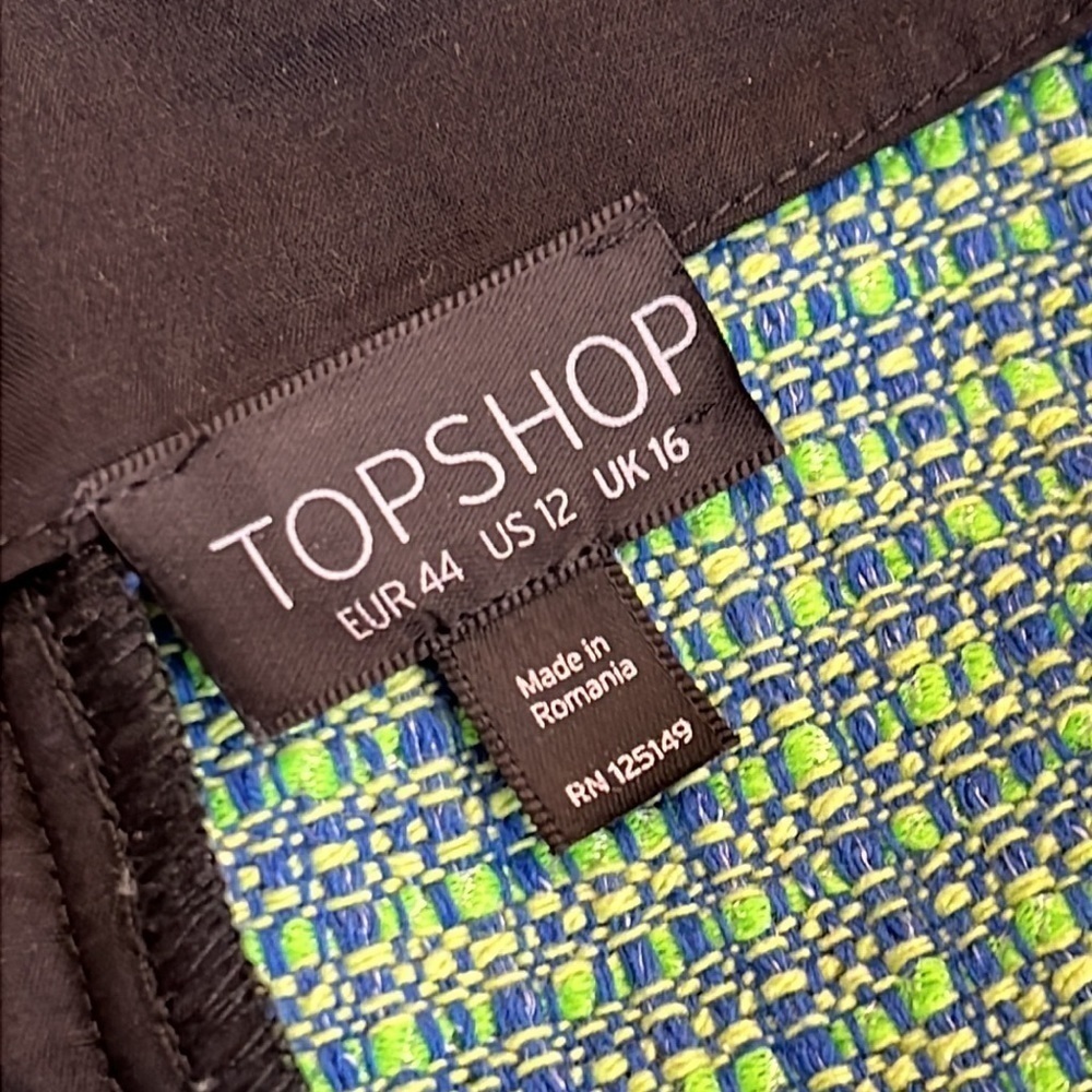 TOPSHOP  tweed mini skirt size 12 full zip back 2 pockets black side stripes - Picture 7 of 12